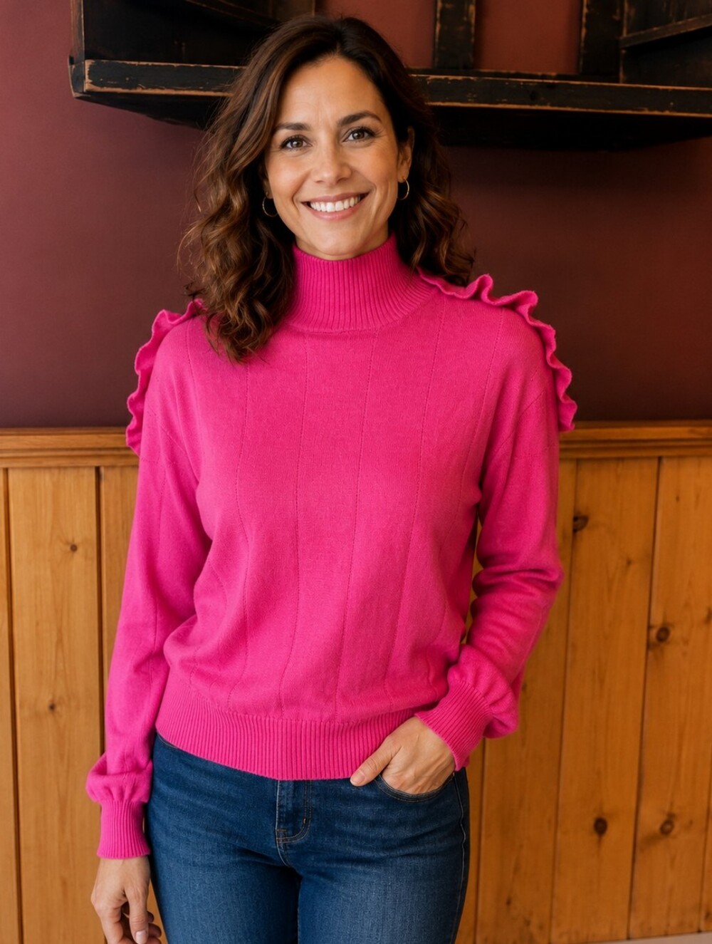 Kenzo Hot Pink Magenta Turtleneck Pullover Sweater with Ruffles Size Small